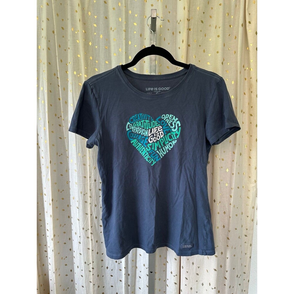 Life is Good Women's 100% Cotton Mineral Wash Heart Word Cloud Graphic T-Shirt S